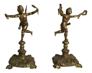 Antique 19th Century Brass Neoclassical Cherub Figurines - a Pair