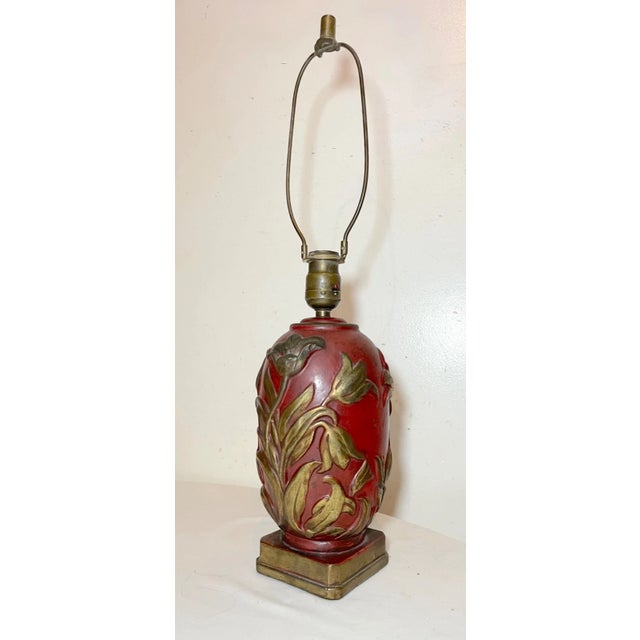 Figurative Antique Heavy Bronze Clad Polychromed Red Flower Relief Electric Table Lamp For Sale - Image 3 of 11