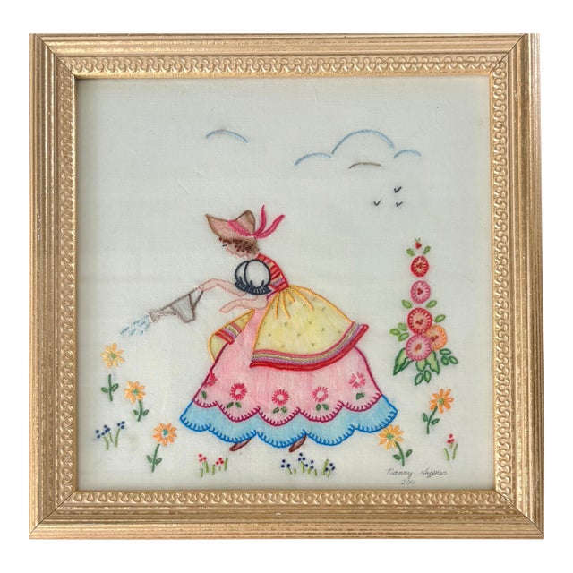 Boho Chic Embroidered Southern Belle Framed Hanging For Sale