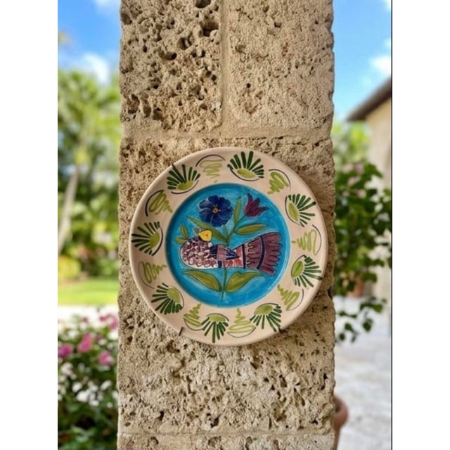 Blue Vintage Italian Hand-Painted Majolica Ceramic Wall Plate – Bird & Tulip Motif For Sale - Image 8 of 12