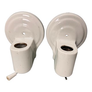 Vintage Art Deco White Porcelain Bathroom Wall Hanging Sconce Lamp Lights - a Pair For Sale