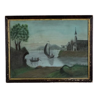 Rare to Market 19th C. Primitive Folk Art Colored Sandpaper Painting of River Scene & Boaters For Sale