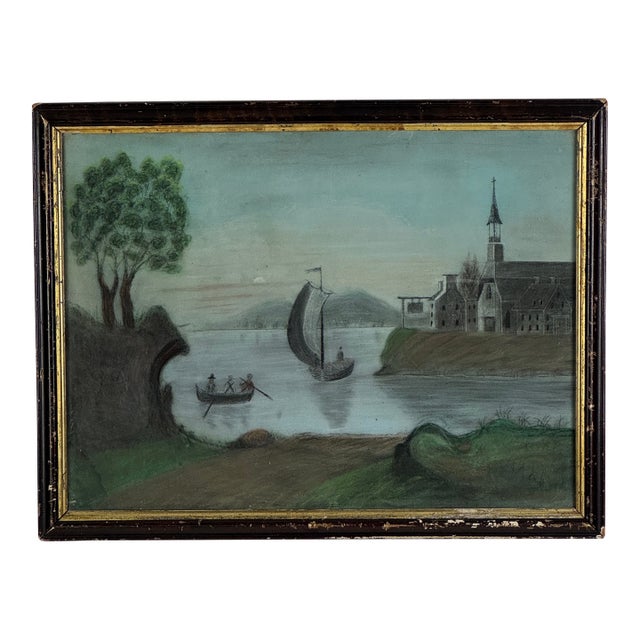 Rare to Market 19th C. Primitive Folk Art Colored Sandpaper Painting of River Scene & Boaters For Sale