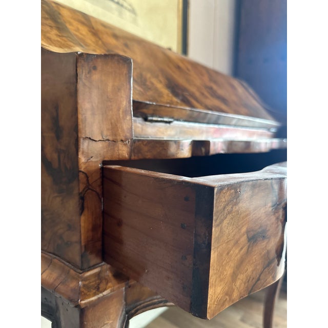 Early 20th Century Antique Burr Walnut Fall-Front Bureau Desk in the Queen Anne Revival Style For Sale - Image 5 of 9