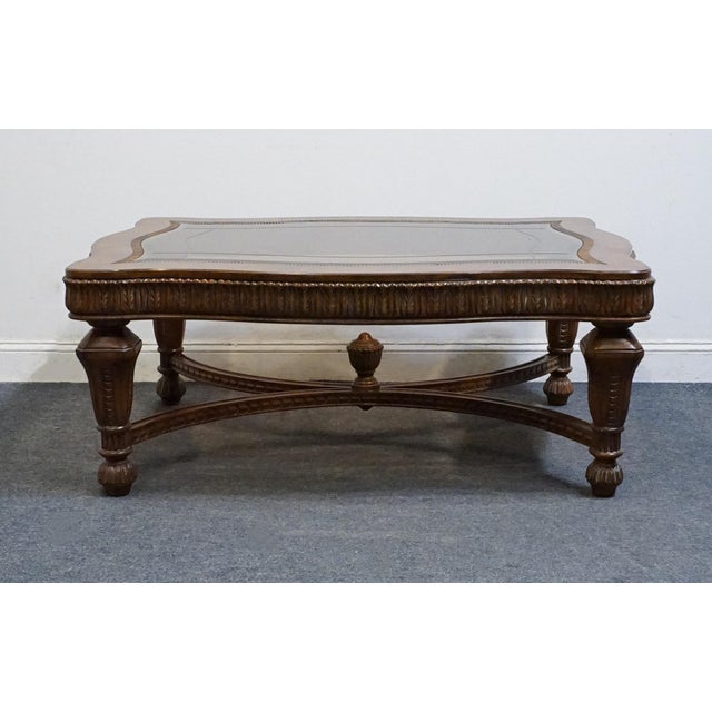 Wood Drexel Heritage Talavera Collection Walnut Contemporary Spanish Mediterranean 52" Accent Glass-Topped Coffee Table 532-107 For Sale - Image 7 of 10