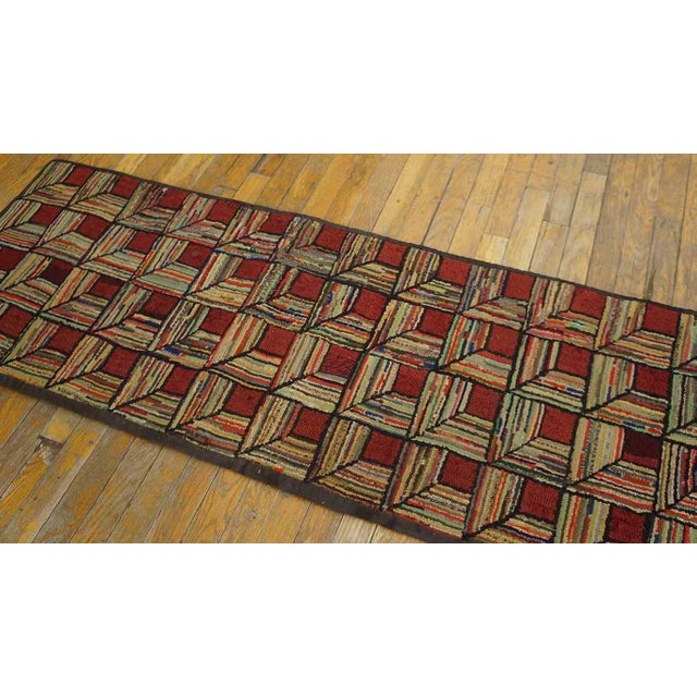 American 1930s Colorful Log Cabin Folk Art Antique American Hooked Rug 2' 2" X 6' 6" Handknotted Wool Carpet For Sale - Image 3 of 6