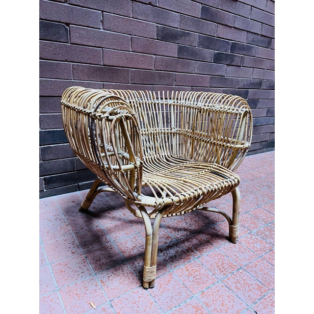 Franco Albini Vintage Boho Franco Albini Attributed Handcrafted Bent Rattan Lounge Chair For Sale - Image 4 of 9