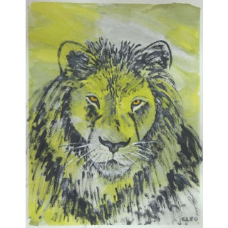 Big Cat Portrait Lion Abstract Illustration Green Gray Original Painting by Cleo Plowden For Sale