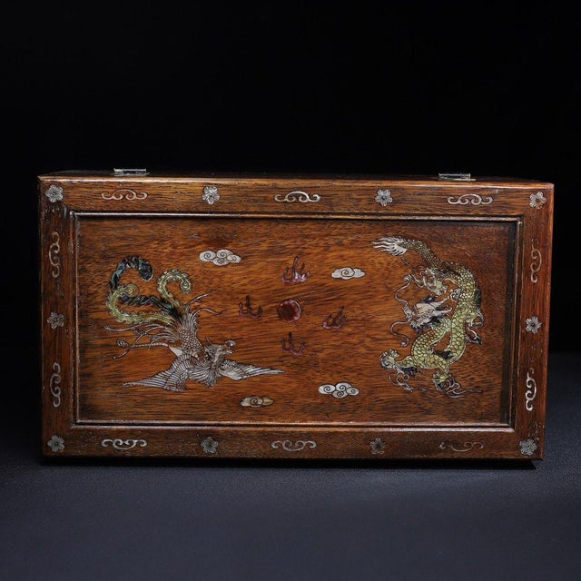 Late 20th Century Huali Rosewood Box Inlaid With Mother-of-Pearl Dragon & Phoenix For Sale - Image 5 of 9