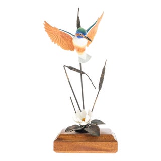 Porcelain & Bronze Kingfisher on Rushes Sculpture by David Fryer for Royal Albany Worcester For Sale
