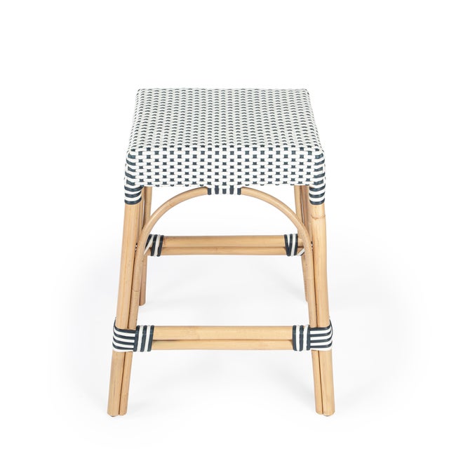 Spritely Home Accent Furniture Robias 24.5 in. Seat Height Rectangular Rattan Backless Counter Stool with Footrest, White/Navy Dot / Natural Rattan Frame For Sale - Image 4 of 9