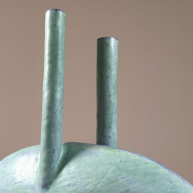 Vintage Japanese Modernist Turquoise Double Stem Ikebana Ceramic Vessel, Signed For Sale - Image 9 of 11