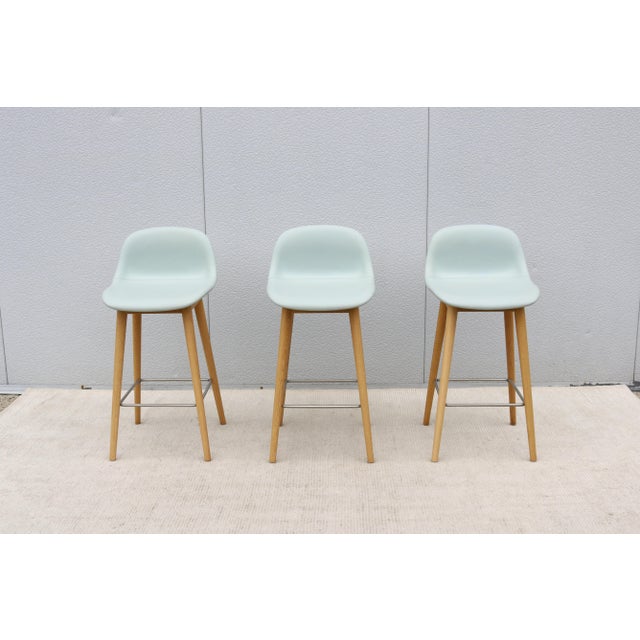 Baby Blue Danish Iskos-Berlin for Muuto Leather Fiber Counter Stools Wood Base - Set of 3 For Sale - Image 8 of 18