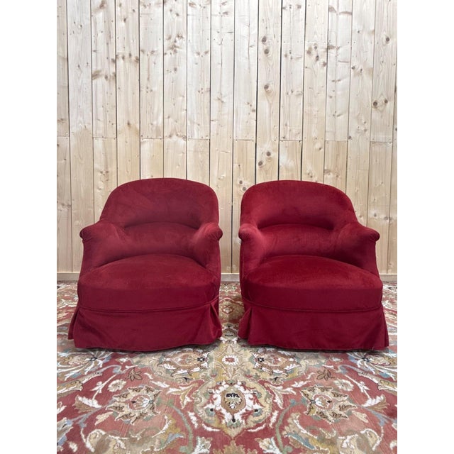 Red Napoleon III Style Burgundy Velvet Toadstool Lounge Chairs, 1890s, Set of 2 For Sale - Image 8 of 8