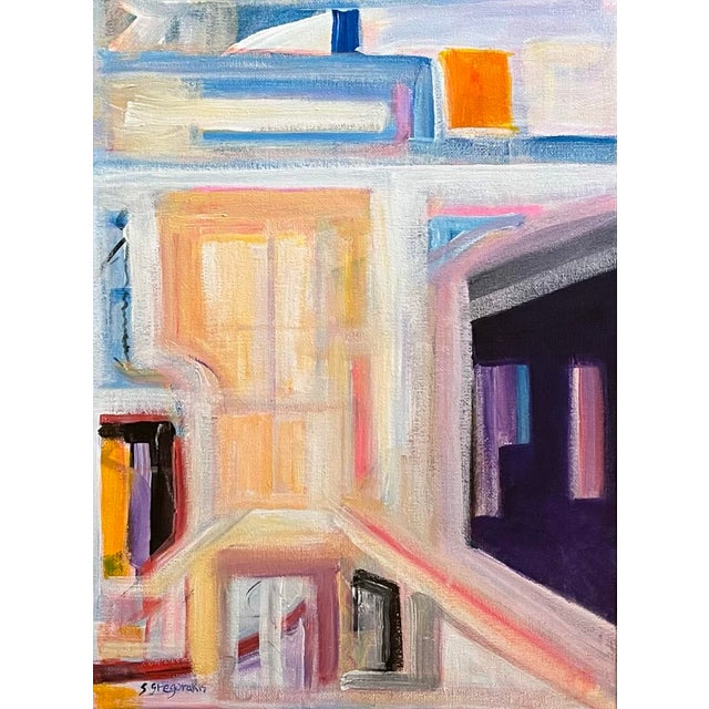 Abstract expressionist painting on canvas of a window dimension by Satori Gregorakis. Signed in the lower left corner....