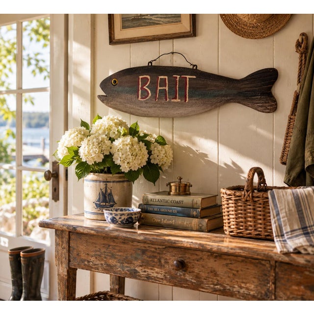 A charming vintage American folk art trade-style sign, hand-carved in the form of a fish and painted with the words “BAIT”...