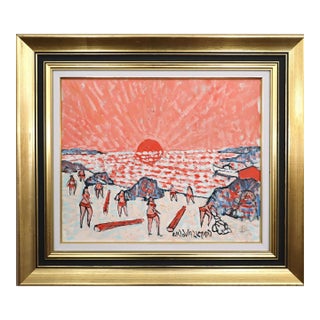 Mid-Century Modern 'Coral Sunset' Original Coastal Landscape Oil Painting by Swedish Artist Uno Vallman (1913-2004), Framed For Sale
