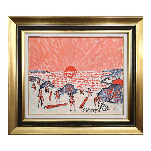 Mid-Century Modern 'Coral Sunset' Original Coastal Landscape Oil Painting by Swedish Artist Uno Vallman (1913-2004), Framed For Sale