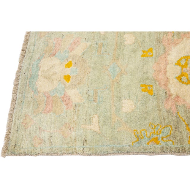 Tan Modern Oushak Handmade Floral Wool Runner For Sale - Image 4 of 11