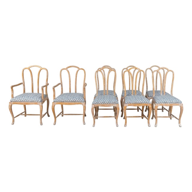 Gustavian Style Cerused Dining Chairs in New Blue & White Linen Set of 8 For Sale