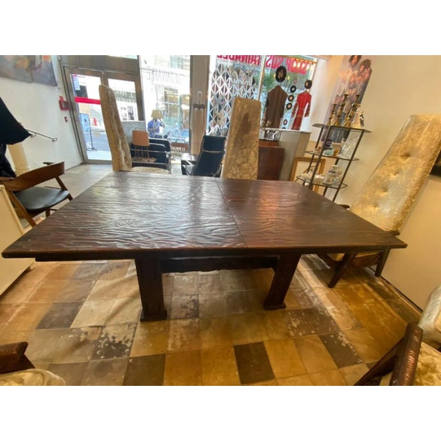 Exceptional Brutalist Wood Dining Table With One Leaf Designed In The 1960's In The Manner Of Paul Evans.
