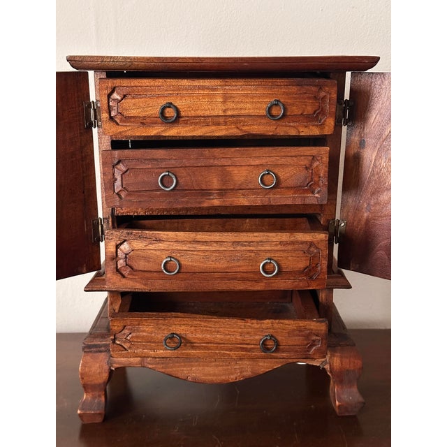 Rustic European Vintage Balinese Hand Carved Hardwood Jewelry Armoire Cabinet For Sale - Image 3 of 12