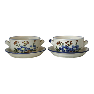 MId Century Chi Kiang Stoneware Hand Painted Floral Serving Bowls With Underplates- 4 Piece Set