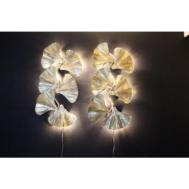 Golden Gingko Murano Glass Leaf Sconces in the style of Tommaso Barbi, 1990s, Set of 2 For Sale - Image 9 of 18