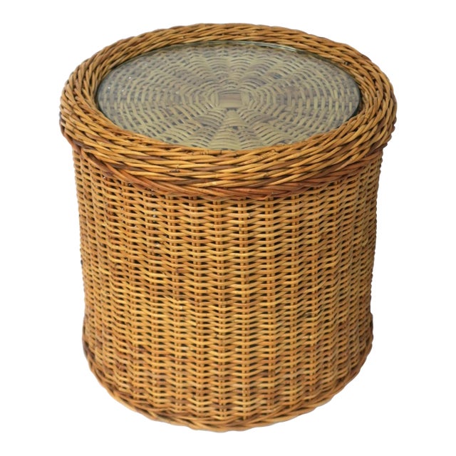 Wicker End or Side Table Round With Glass Top For Sale