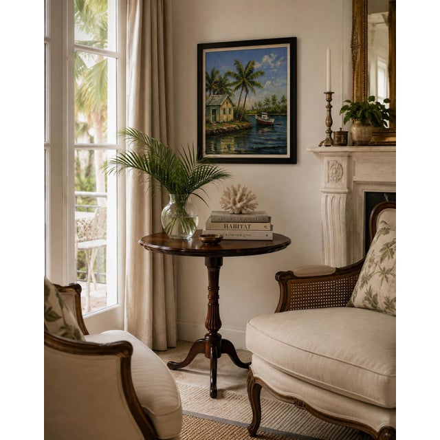 Elegant 1970s vintage George III–style end table crafted in richly finished mahogany. Features a shaped scalloped tray-...