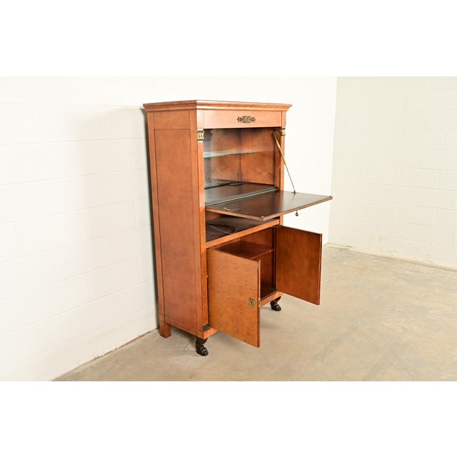 Baker Furniture French Empire Neoclassical Burl Wood Abattant Bar Cabinet, Circa 1980s For Sale In South Bend - Image 6 of 18