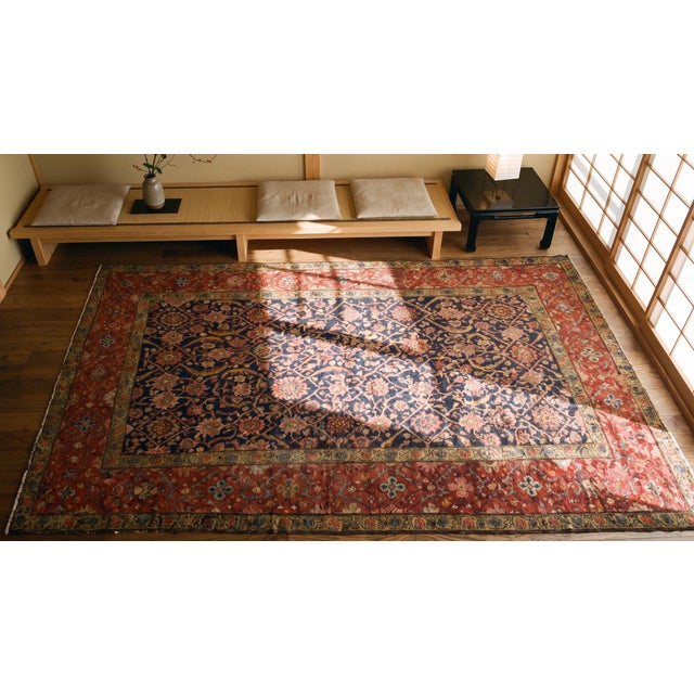 Red Quatrefoil Rosette Herati Pattern in a Navy Blue Ground Antique Persian Joshaghan Rug For Sale - Image 10 of 10