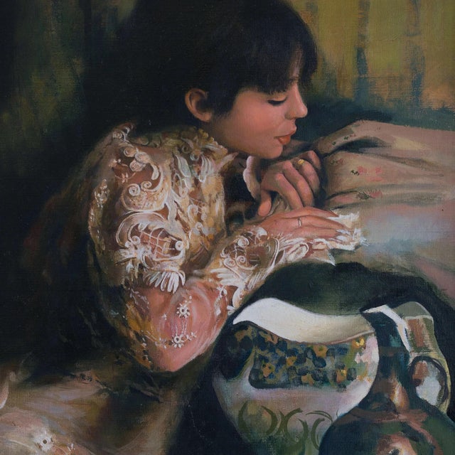 Unknown, Young Woman in a Fine Spanish Lace Embroidered Blouse, 1970s, Oil on Canvas For Sale - Image 6 of 9