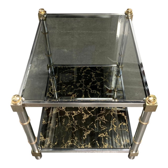 1980s Mid-Century Modern Chrome & Brass Tiered Glass End Table For Sale