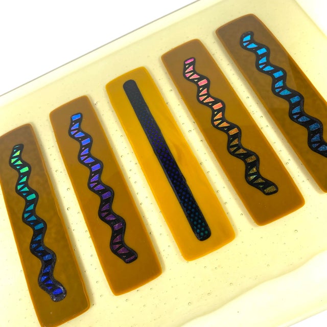 Metal 1970's Cream Fused Dichroic Art Glass Wall Art Plate Plaque For Sale - Image 7 of 9