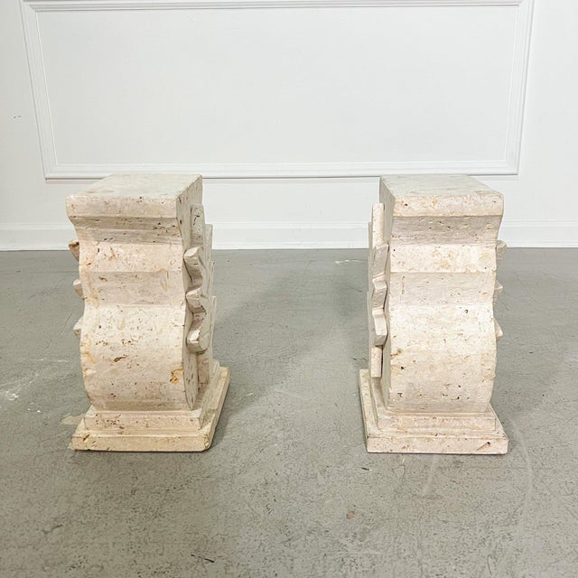 Travertine Palm Leaf Pedestal Bases - A Pair For Sale In Tampa - Image 6 of 8
