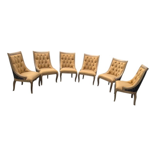 Marge Carson Tufted Gold Dining Chairs With Nailhead Trim, Set of 6 For Sale
