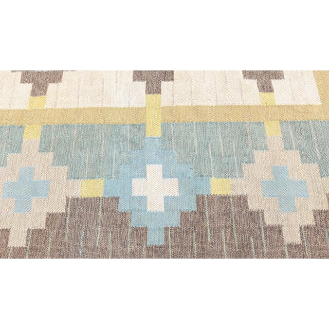 Vintage Swedish Flat Woven Rug Signed With Initials GS Size: 5'9" × 8'0" (175 × 243 cm) Color: Beige, Blue, Brown, Gold,...