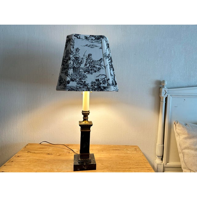Vintage Black Marble Lamp With Toile Fabric Shade For Sale - Image 11 of 12