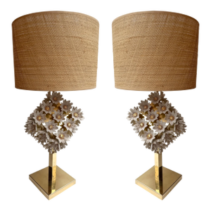 Contemporary Pair of Brass and Gilt Porcelain Daisy Lamps, Italy