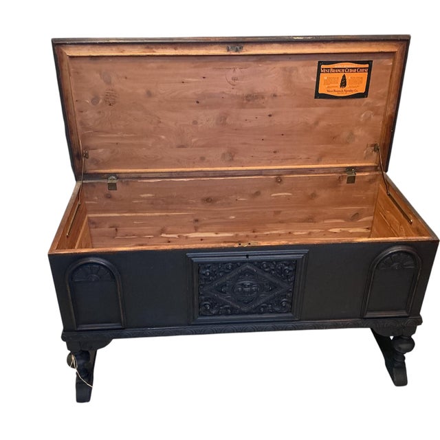 Wood Antique West Branch Cedar Chest Carved Blanket Trunk Annie Sloan Black 48" For Sale - Image 7 of 11