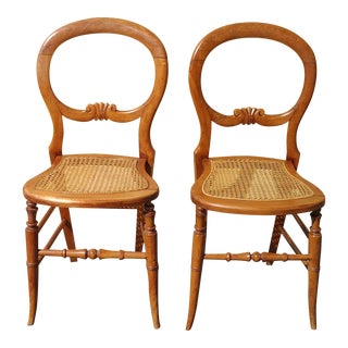 Late 19th Century Vintage Victorian Inlaid Chairs With Wicker Seats - Set of 2 For Sale