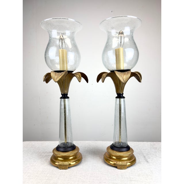 Vintage Hollywood Regency Coastal Brass Palm Hurricane Shade Frederick Cooper Style Table Lamps - a Pair For Sale - Image 10 of 11
