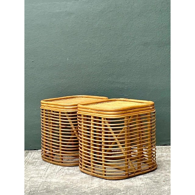 Vintage Woven Rattan Side Tables - Pair For Sale - Image 9 of 12