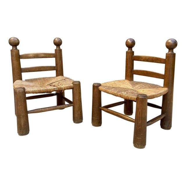 Low Brutalist Chairs in Oak and Straw attributed to Charles Dudouyt, France, 1940s, Set of 2 For Sale