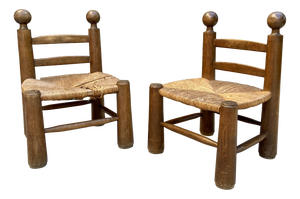 Low Brutalist Chairs in Oak and Straw attributed to Charles Dudouyt, France, 1940s, Set of 2