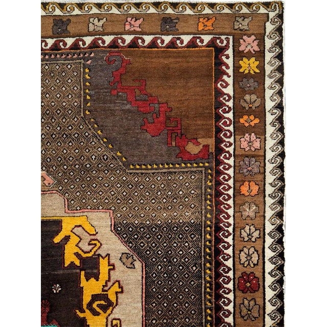 Galerie Shabab Collection Mid-20th Century Handmade Turkish Tribal Room Size Rug in Brown Yellow and Red For Sale - Image 4 of 10