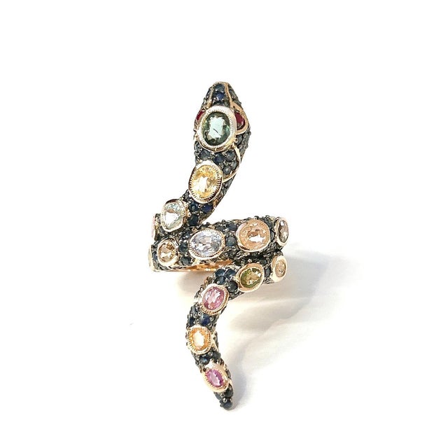 Art Deco Bochic “Orient” Ruby & Sapphires Serpent Cocktail Ring Set 18k & Silver Size 4 For Sale - Image 3 of 5