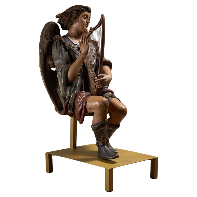 Antique Hand-Painted Wooden Angel and Harp Sculpture For Sale
