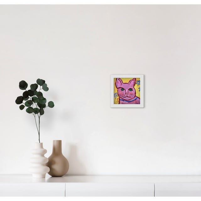 Primitive Style Pink Cat Portrait, Small Painting For Sale In Reno/Lake Tahoe - Image 6 of 7